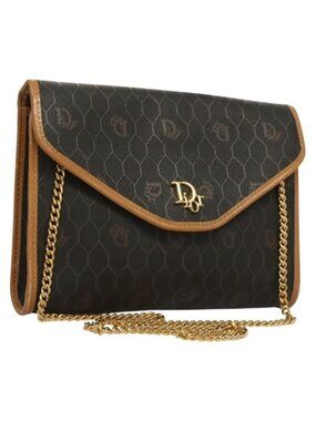 Authentic Christian Dior Honeycomb Canvas Chain Shoulder Bag PVC Black Gold